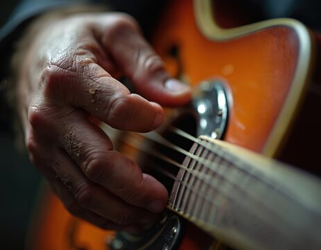 Male musician hand expertly plays vintage acoustic guitar. Fingers pluck strings of unique resonator dobro instrument. Musician performs soulful blues song. Close up shows skilled player weathered,