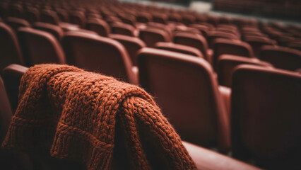 A cozy, burnt orange knitted item rests on an empty stadium seat, rows of reddish-brown seats blurring behind it, setting a moody scene of anticipation or aftermath for a major event like Super Bowl 