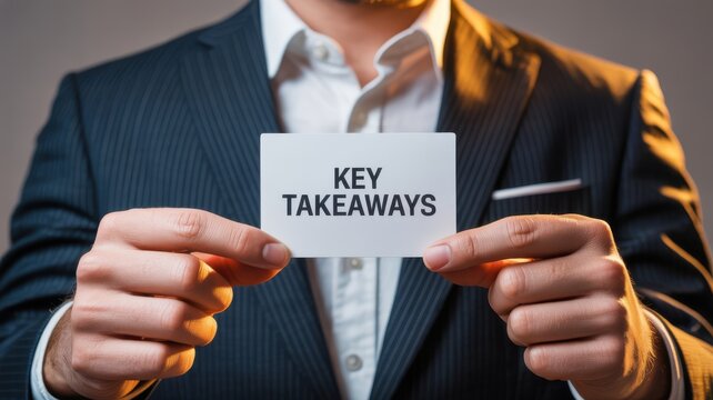 A professionally dressed man presents a white card with the text key takeaways to the viewer symbolizing important information