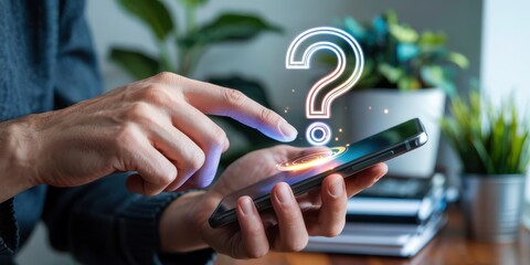 A person is interacting with a smartphone a glowing question mark appearing above it suggesting inquiry or problem solving