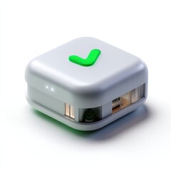 Modern smart home model with green checkmark on white background