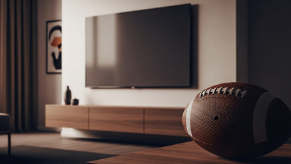A close-up of an American football on a coffee table in a modern living room, with a large flat-screen TV mounted above a wooden console in the background, set up perfectly for Super Bowl Sunday view