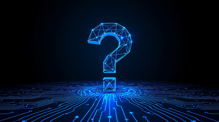 Blue glowing question mark on circuit board design