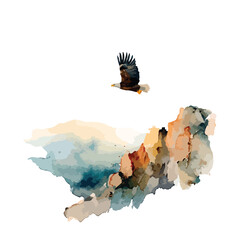 Majestic Bald Eagle Soaring Over Abstract Watercolor Mountains.