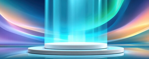 Abstract blue light stage with glowing pedestal and vibrant curved light waves