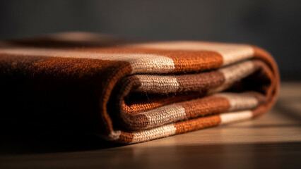 Close-up of a cozy, striped wool blanket folded on a wooden table, featuring warm earth tones like brown and orange. Perfect for staying comfortable and warm while watching the game on Super Bowl Sun