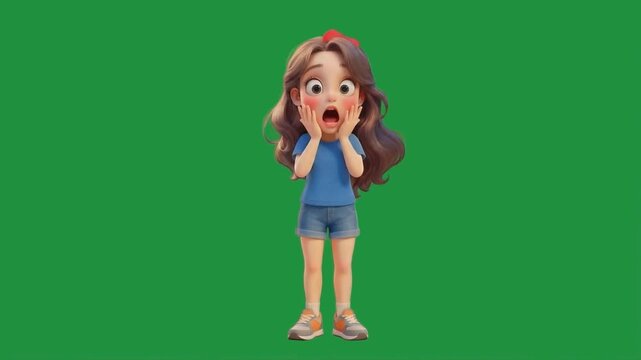 3D cartoon girl in shock and surprise holding head on green screen background 
