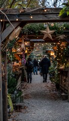 Festive lights illuminate the christmas market as crowds enjoy the holiday atmosphere