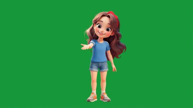 3D cartoon girl sending air kiss and smiling on green screen background 
