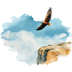 Majestic Eagle Flight Watercolor Illustration Over Rocky Cliff.