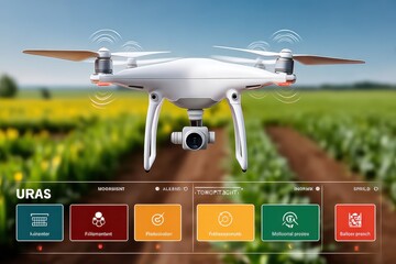 Drone flying over agricultural field with futuristic HUD interface and colorful icons for farming tech