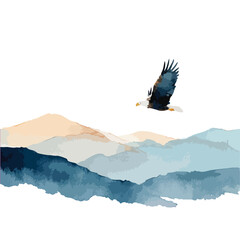 Majestic Eagle Flying Over Watercolor Mountains Landscape Art.