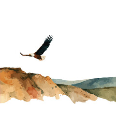 Majestic Eagle Flying Over Abstract Watercolor Mountains.