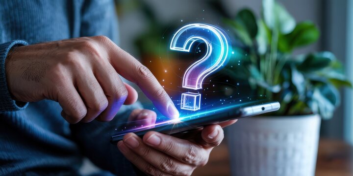 A person s hand interacts with a glowing question mark hovering above a smartphone suggesting inquiry and problem solving