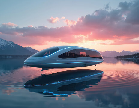 Sleek futuristic train hovers above calm lake at dusk. Modern transport concept with scenic view of mountains, sunset sky with soft clouds reflected in water. - Powered by Adobe