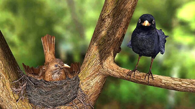 Nest of common blackbird, made of twigs and leaves, where eggs are laid and chicks are reared.