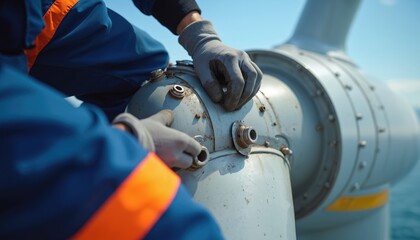 Technician in workwear maintains wind turbine nacelle. Engineer adjusts the industrial equipment. Renewable energy eco friendly tech. Offshore wind farm at sea. Clean energy sustainable power.