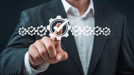 A professional in a suit interacts with a digital interface of interconnected gears highlighting a completed task with a checkmark