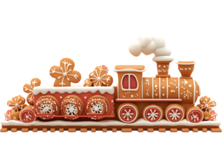 Christmas gingerbread train isolated on transparent background. Festive holiday illustration perfect for winter designs, greeting cards, and seasonal projects.