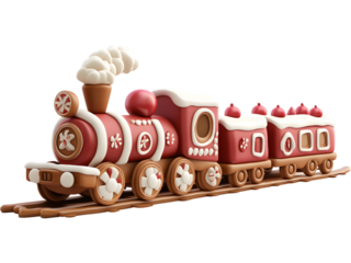 Gingerbread Christmas train isolated on transparent background. Sweet holiday themed illustration ideal for winter designs, festive graphics, and decorations.