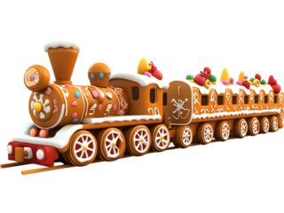 Gingerbread Christmas train isolated on transparent background. Sweet holiday themed illustration ideal for winter designs, festive graphics, and decorations.
