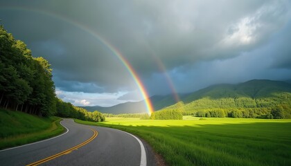 Fototapeta premium Scenic view of a road leading toward rainbow over green field and mountains. Dramatic sky with clouds. Nature scene after rain. Sunlight creates a beautiful landscape.