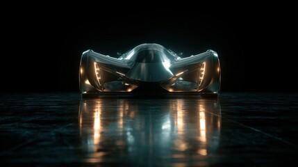 Sleek futuristic race car illuminated in a dark studio setting with reflective floor