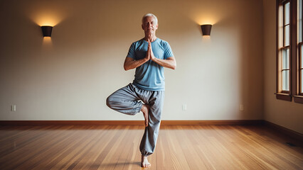 Senior man practicing yoga in a peaceful indoor setting