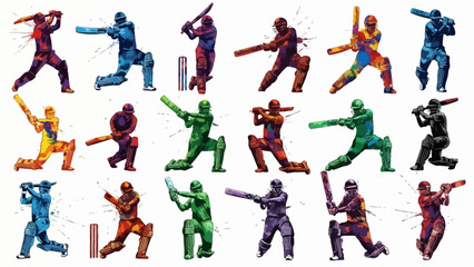 Vibrant plastic cricket players in various dynamic poses on a white background