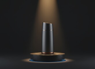 Sleek modern bottle illuminated on a pedestal against a dark background, showcasing design