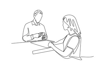 woman receiving money at cash department window in bank. Banking Activity concept. Single line draw design. Vector graphic illustration