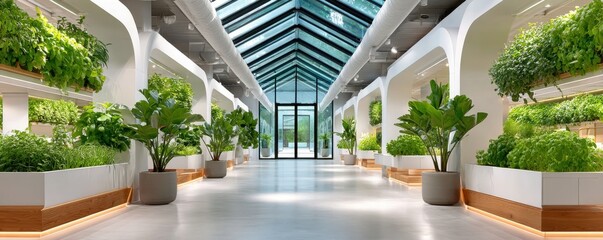 Indoor greenhouse corridor with lush plants and glass roof showcasing modern farming technology
