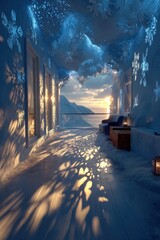 Obraz premium Cozy blue winter room with snowflake shadows and sunset ocean view