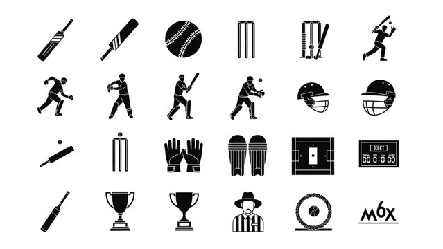 Collection of black cricket icons on a white background illustrating various aspects of the sport