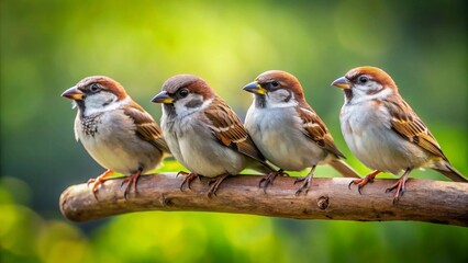 Fototapeta premium A quartet of small, feathered avian companions perched together on a sturdy, weathered branch against a softly blurred, vibrant green background