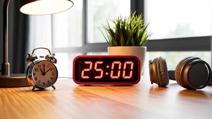 A video showcasing a modern workspace with a digital alarm clock displaying 25:00 on a wooden desk Connectioneering concept Footage - Powered by Adobe