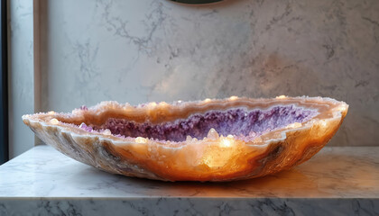 Artisan geode sink made from natural stone. Unique design element adds luxury to bathroom decor. Stylish home renovation ideas. Featuring minerals crystal details with polished surface.