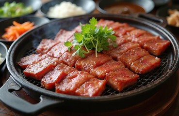 Close up studio shot presents cooked pork meat dish in black plate garnished with parsley. Asian cuisine meal contains fresh grilled tasty cutted pork for healthy eating. Culinary food.