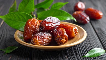 Delicious Dates on a Plate with Green Leaves.