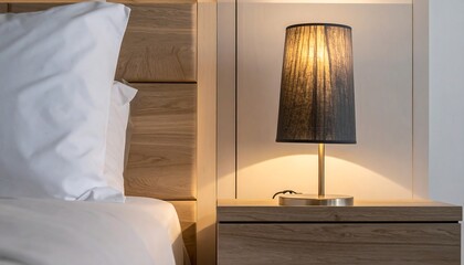 Cozy Bedroom Nightstand with Illuminated Lamp and Bed.