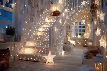 Cozy white staircase lit by twinkling fairy lights and star lanterns for festive home décor