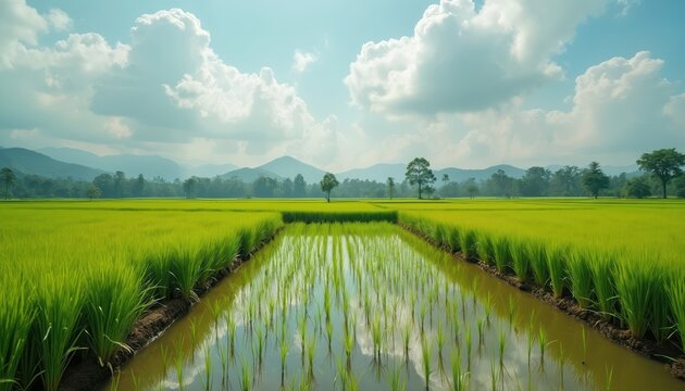 Scenic view of rice fields with growing crops and irrigation canals. Rice plants reflect in the water under a cloudy sky. Mountains in the background. - Powered by Adobe