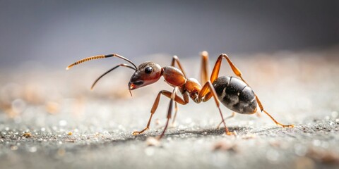 Intricate macro view of a tiny reddish-brown insect with segmented antennae and a dark abdomen poised on textured terrain