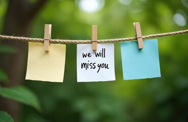 Farewell note saying We will miss you attached with clothespins on rope line. Three blank notes beside it on green blur nature background. Sympathy message for departure.