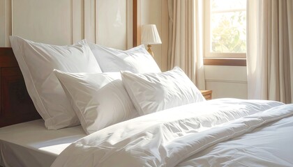 Bright and Inviting Bedroom with White Bedding and Natural Light.