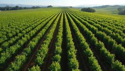 Rows of green macadamia trees stretch into distance on sunny day. Verdant farm landscape shows neat cultivation pattern. Blue sky above green cultivated land.