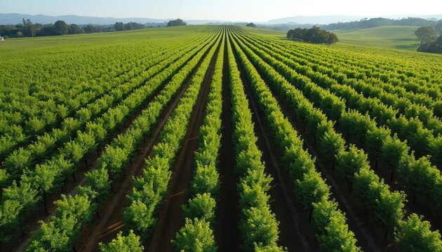 Rows of green macadamia trees stretch into distance on sunny day. Verdant farm landscape shows neat cultivation pattern. Blue sky above green cultivated land.