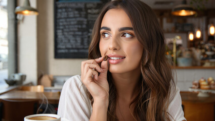 Woman holding coffee bean in cafe.