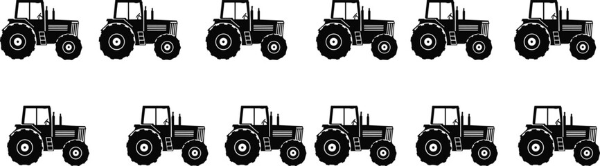 Black tractor silhouette icon pattern set, agriculture farming vehicle illustration, seamless rural machinery background isolated white vector minimal design collection © Vector Sifat