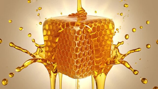 A video showcasing a honeycomb inside a glass jar with golden honey dripping down Connectioneering concept Footage